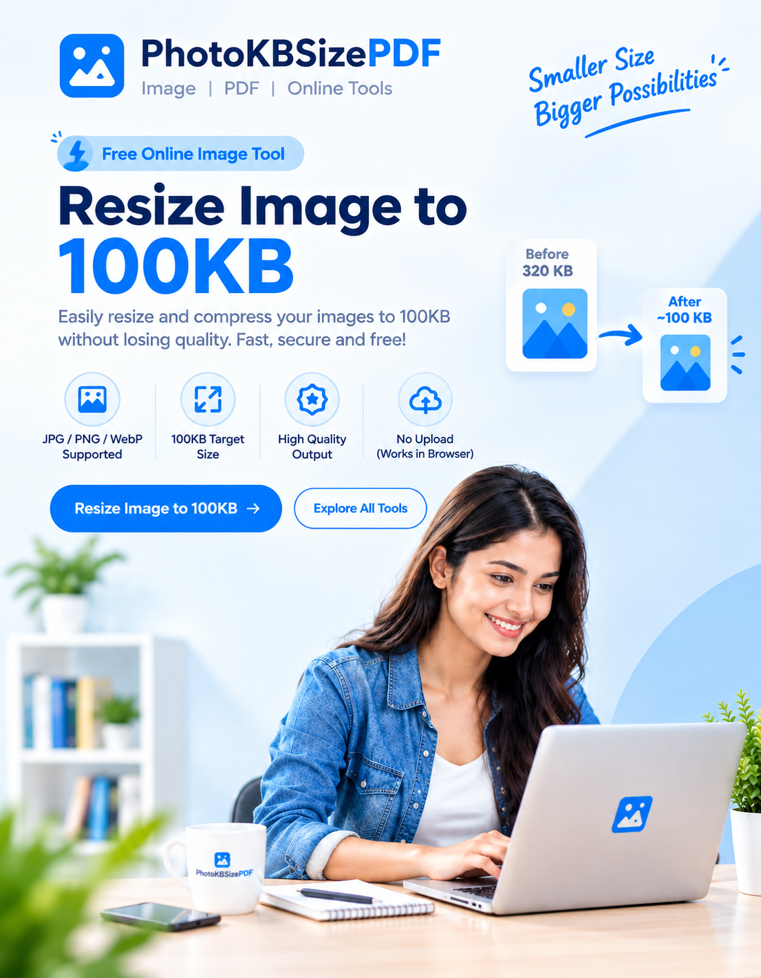 Woman using computer to resize image to 100KB online